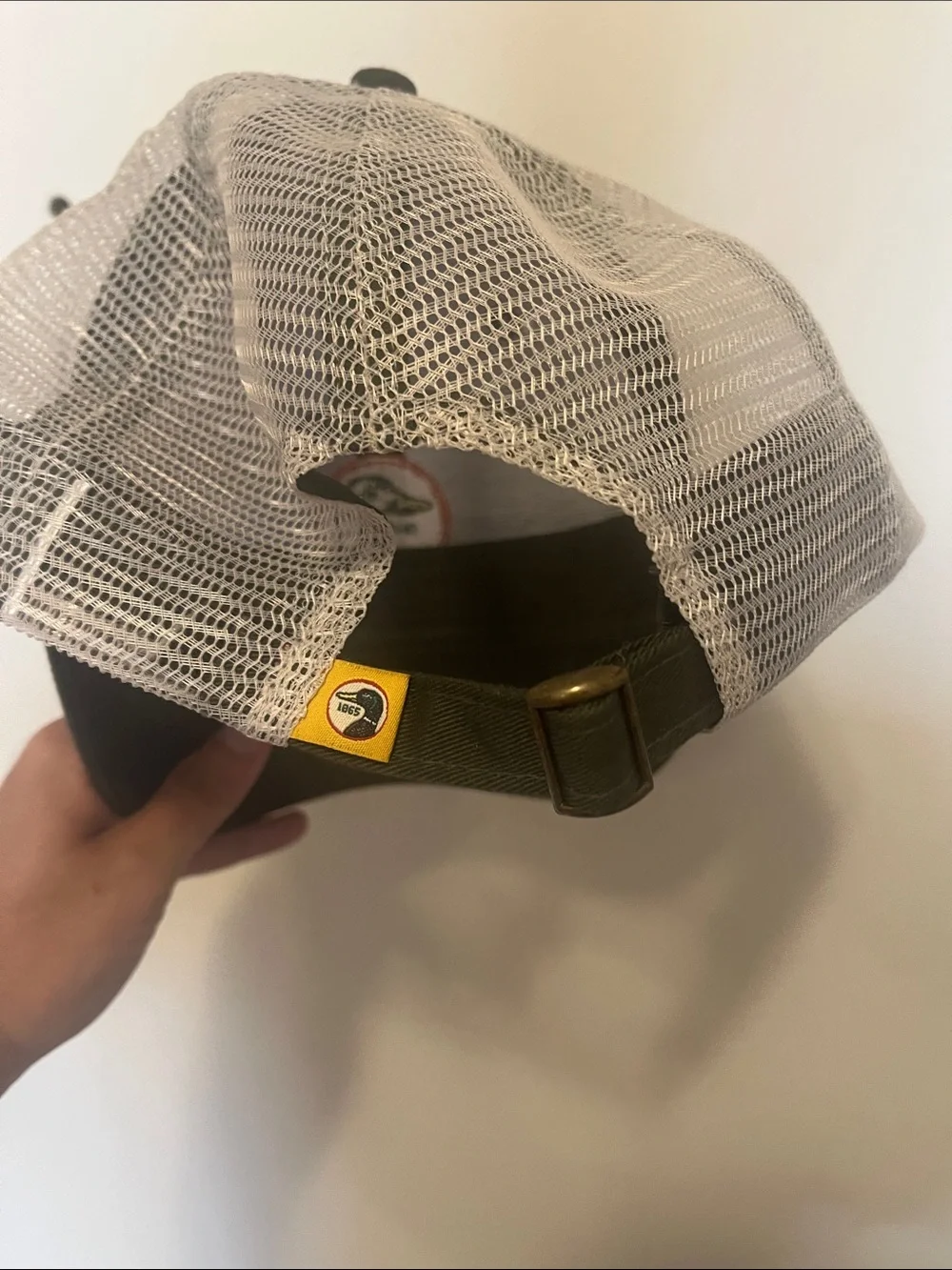 Duck Head Olive Green and White Mesh Trucker Hat with Duck Patch